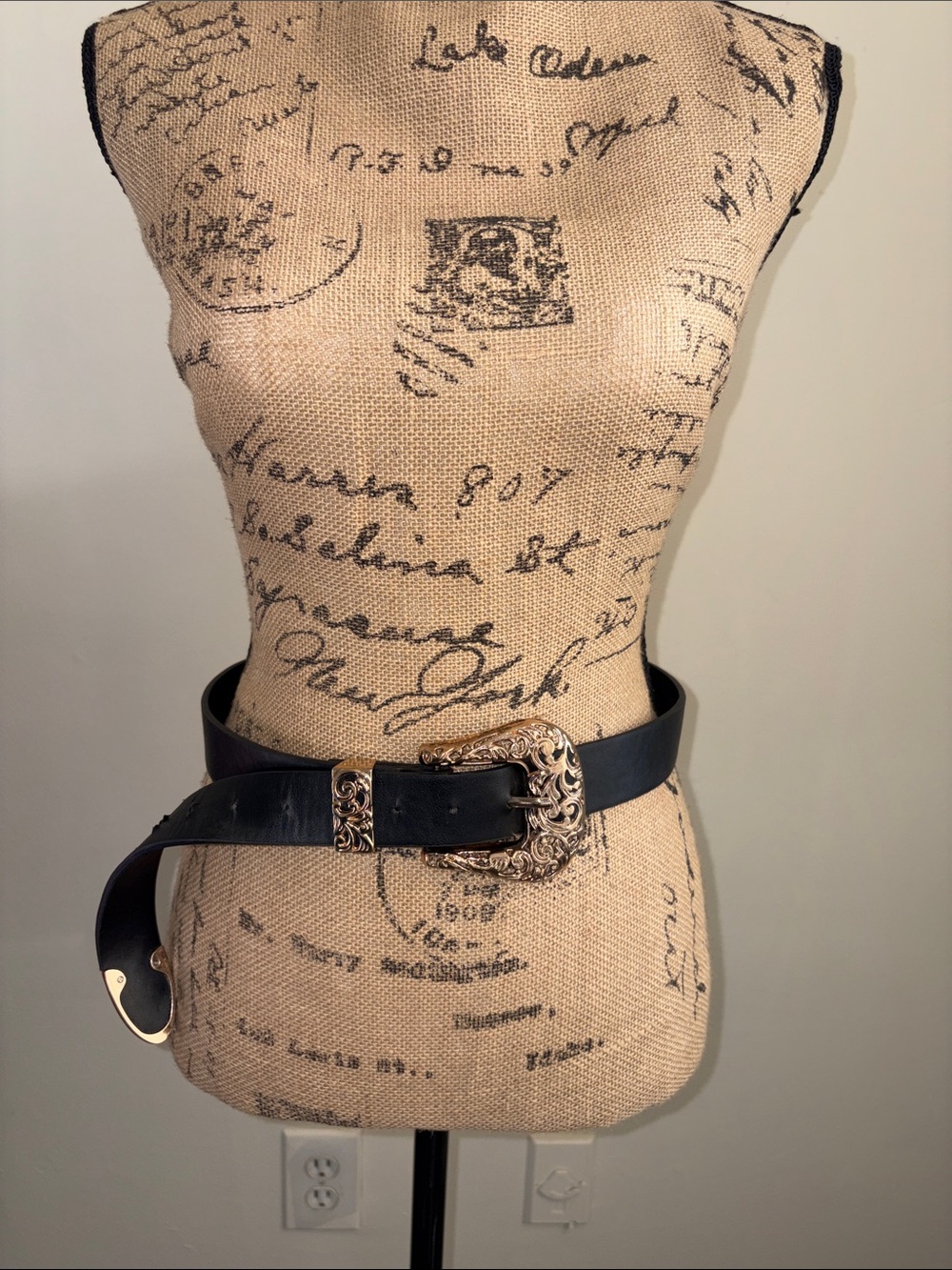 Women’s Black Leather Belt with Ornate Gold Buckle